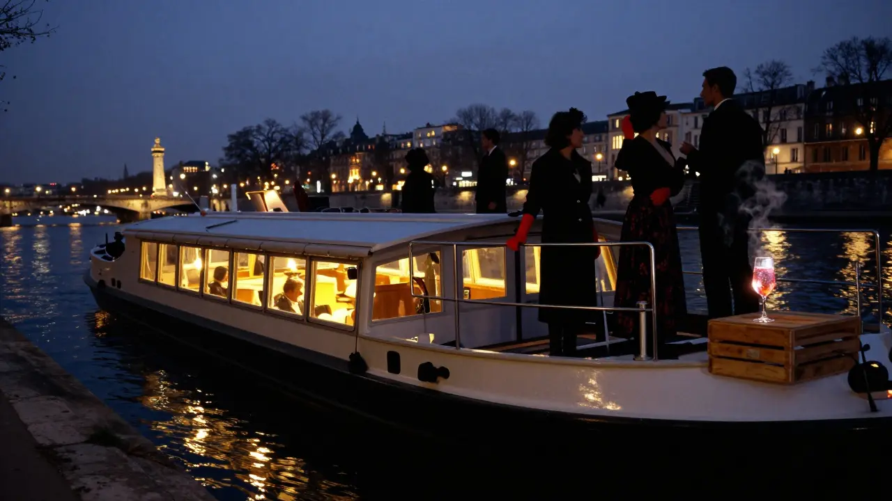 A midnight party on a Seine barge, guests silhouetted against warm light and rippling water.