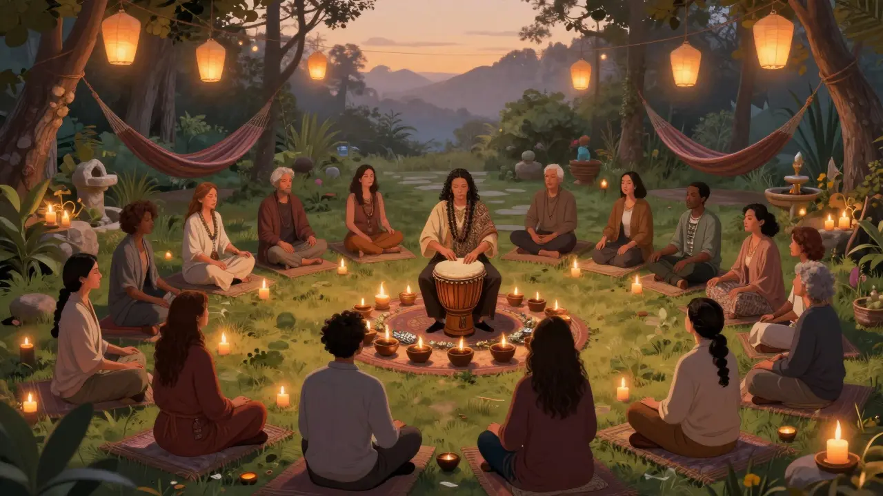A peaceful Sunday circle in Pachamama’s garden, people meditating in a circle around a drummer, lanterns glowing at dawn.