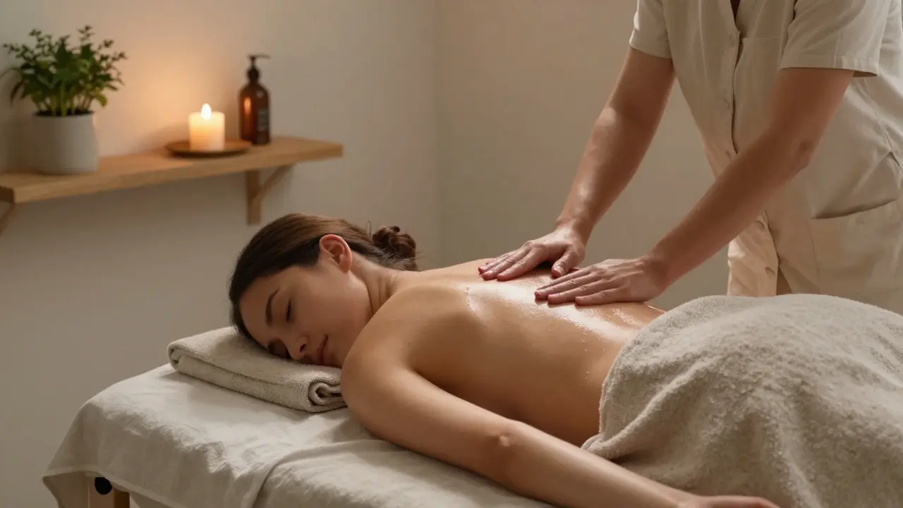 A person lying peacefully on a warm massage table in a quiet, candlelit room with lavender oil and linen towels.