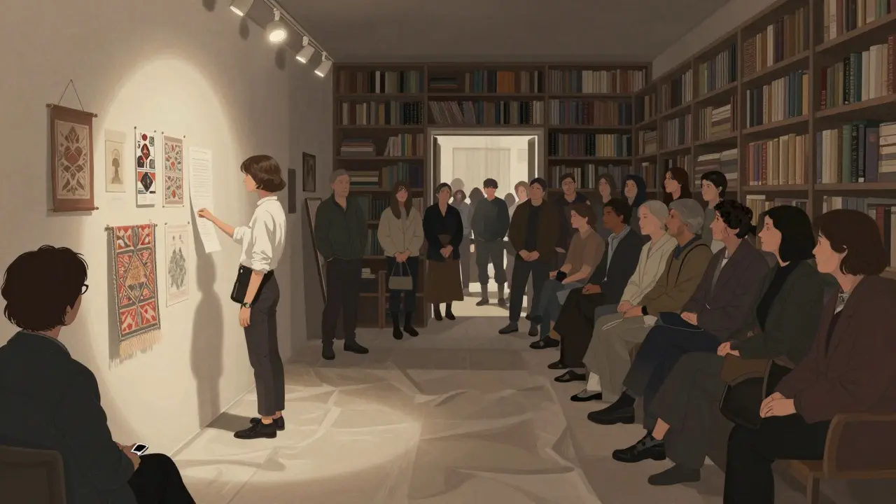 A quiet underground gallery with a small crowd observing a designer&#039;s unpublicized collection.