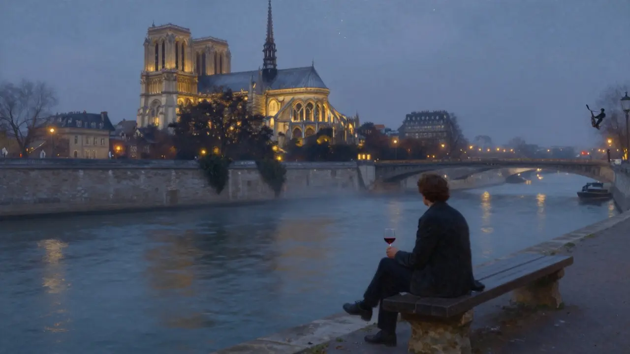 A solitary figure by the Seine at night, lit by the glowing Bibliothèque nationale with fog drifting over the water.