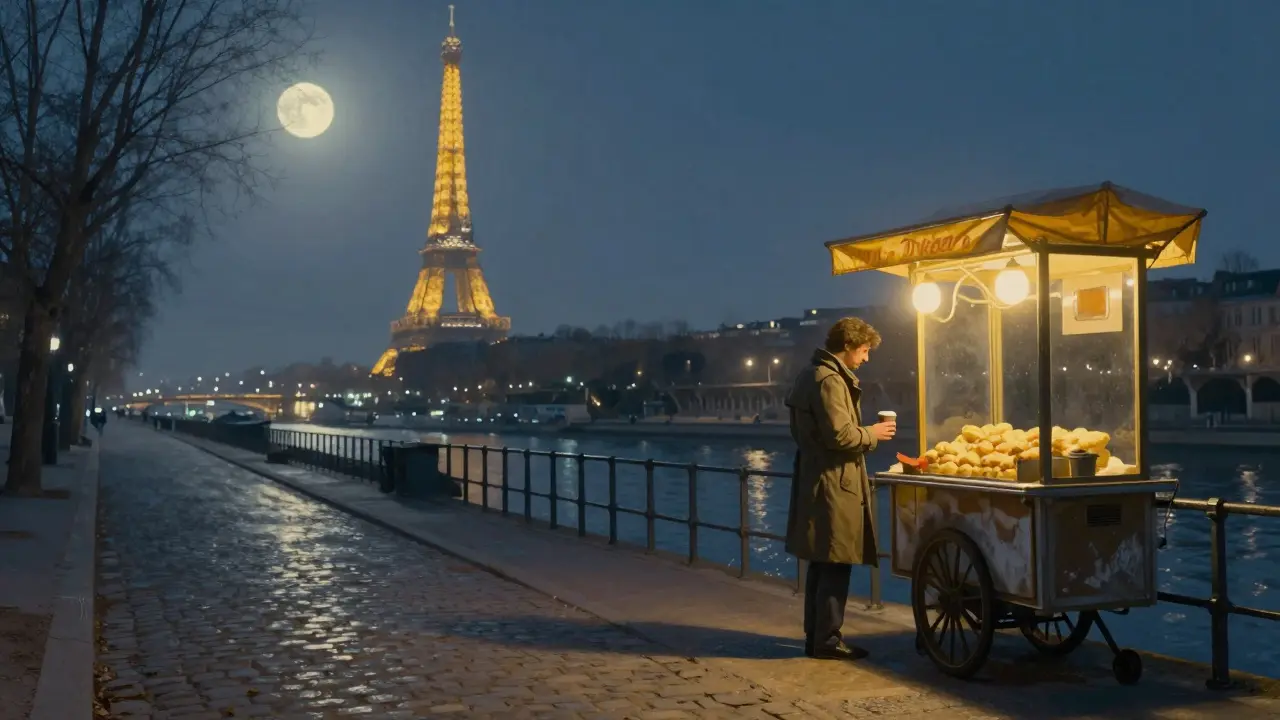 A solitary figure walking along the Seine at dawn, Eiffel Tower glowing softly in the distance.