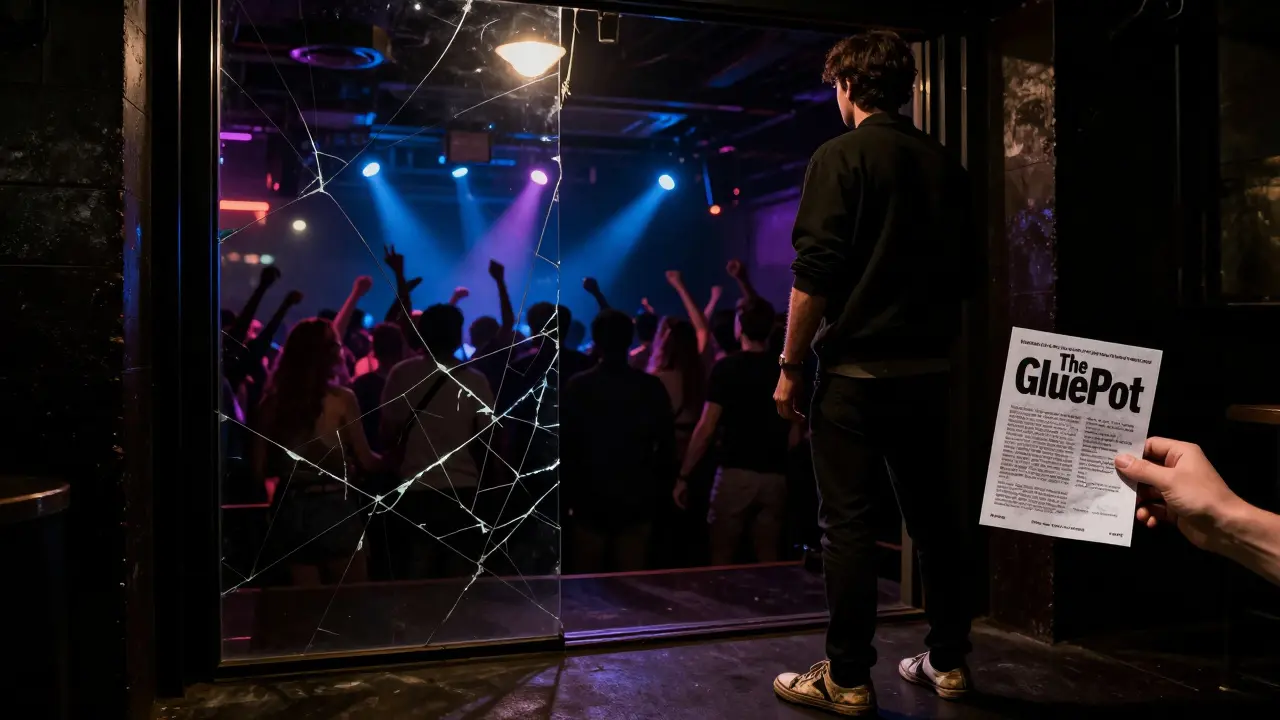 A solitary person peering into a bustling nightclub doorway, holding a faded flyer.