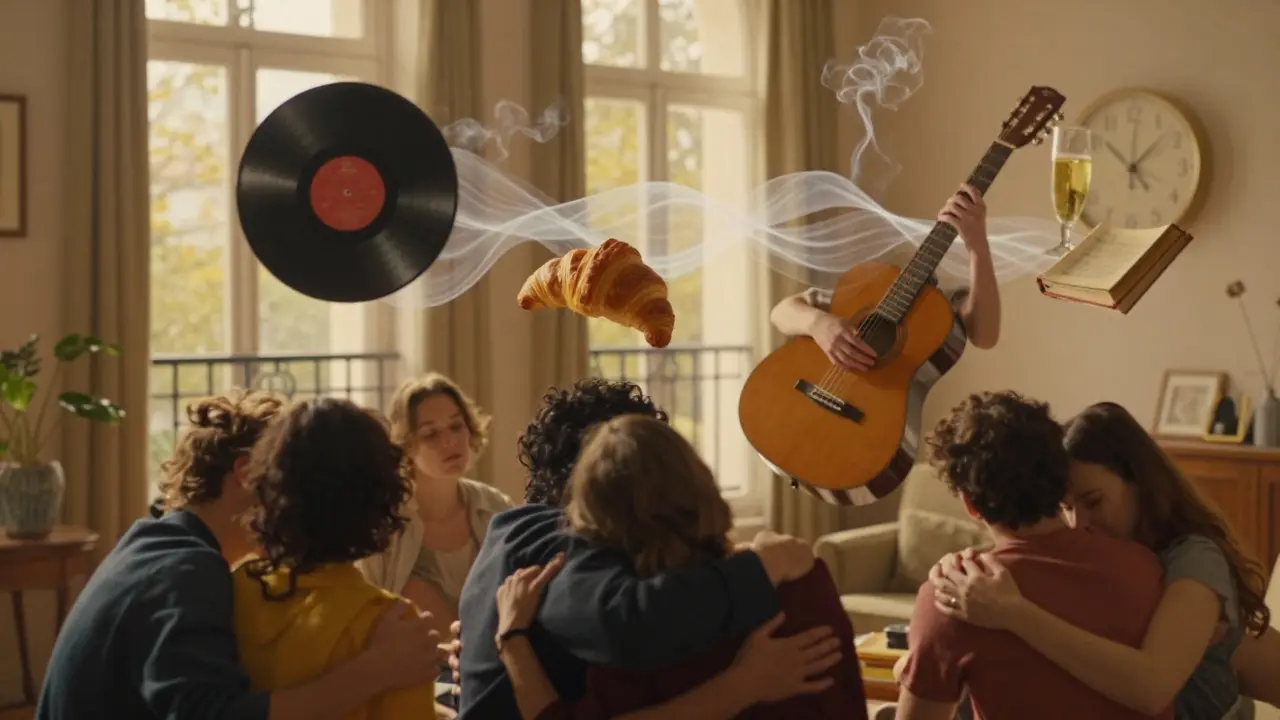 A surreal living room where music floats as light, books and incense swirl into soundwaves, and strangers embrace at dawn.