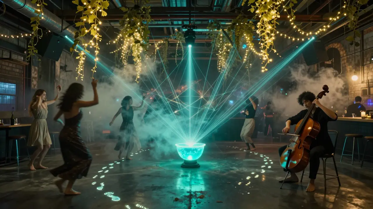 A surreal warehouse club with glowing vines, a cellist, and dancers leaving luminous footprints on the floor.