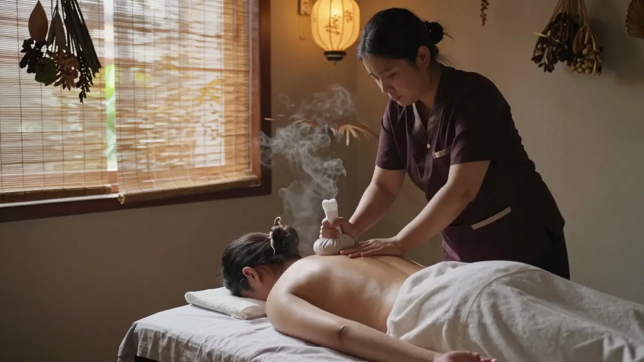 A Thai relax massage with herbal compresses being used in a serene, lantern-lit room in Paris.