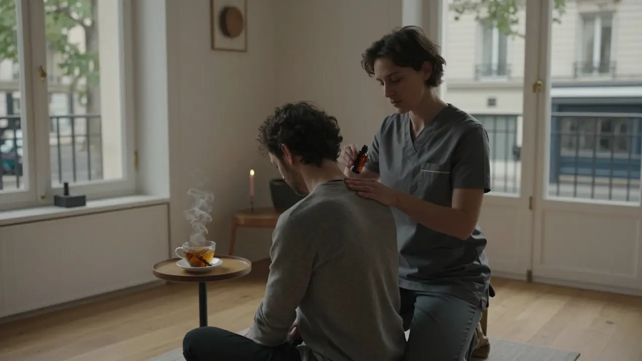 A therapist giving an aromatherapy massage in a quiet Paris studio with herbal tea and a candle nearby.