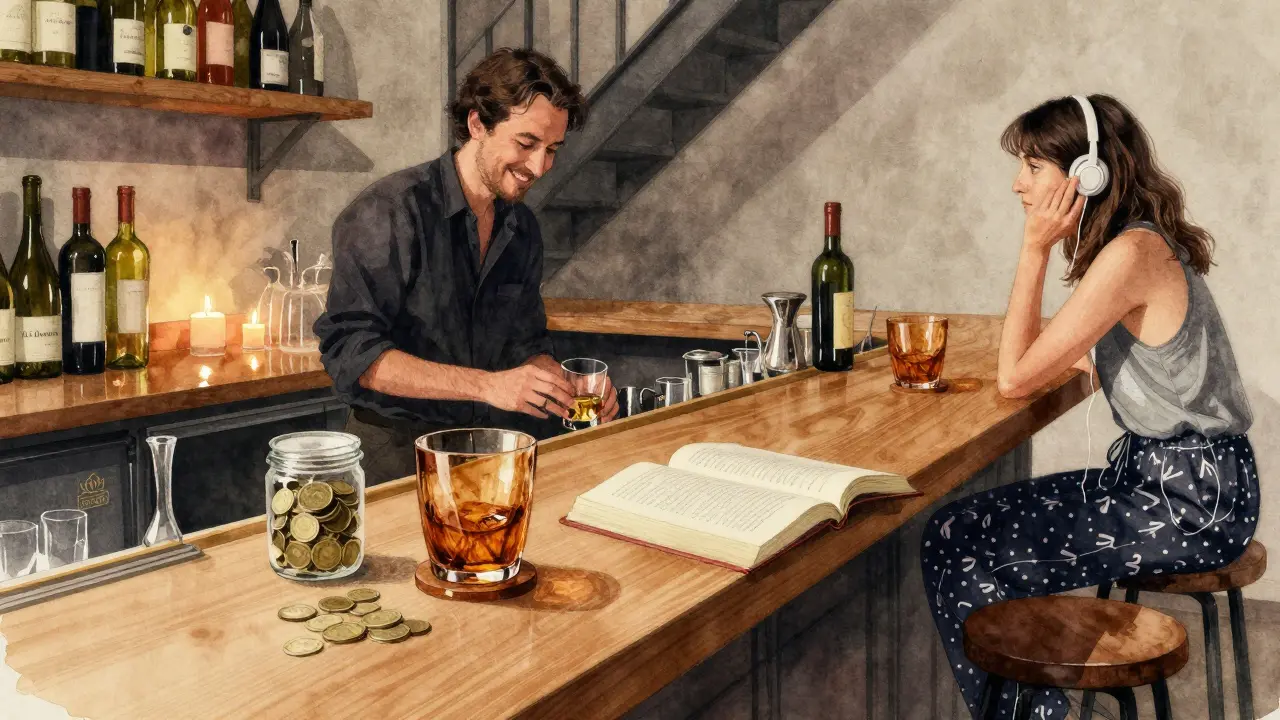 A warm bar at 3 AM with glasses, a coin jar, and a reader in pajamas, lit by candlelight and quiet ambiance.