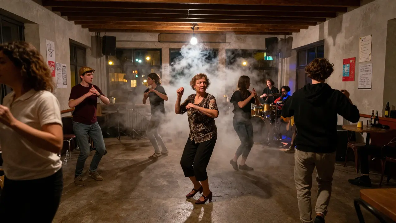 An elderly woman and young man dancing together at a historic venue, fog swirling, no phones visible.