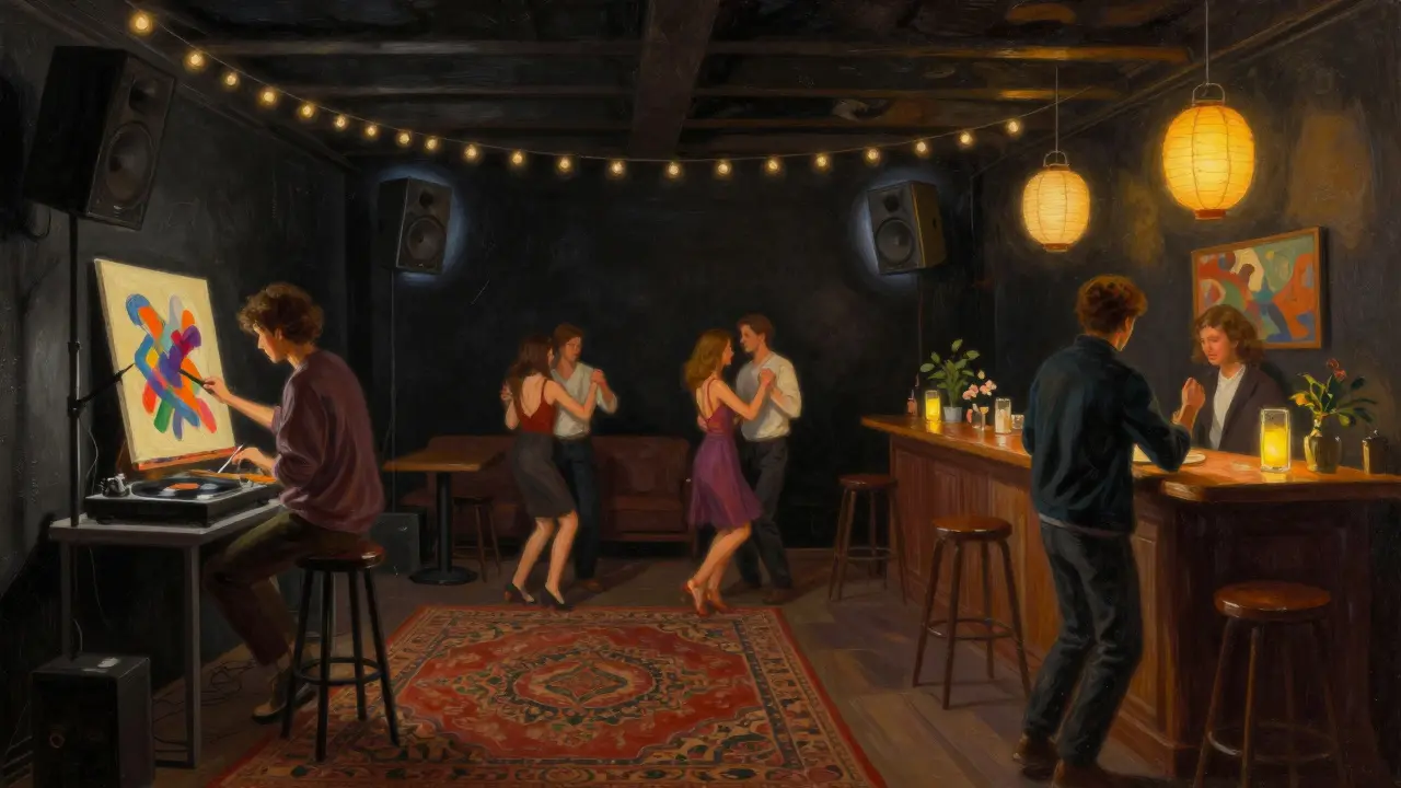 An intimate underground space with string lights, vinyl records, and people dancing amid live art and vintage rugs.