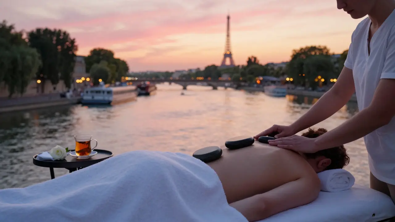An outdoor massage on a terrace overlooking the Seine at sunset, therapist using heated stones as the Eiffel Tower glows in distance.