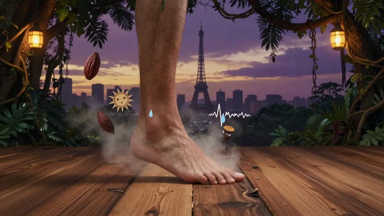 Bare feet on wooden floor surrounded by floating spiritual symbols, Paris fading into rainforest under twilight sky.