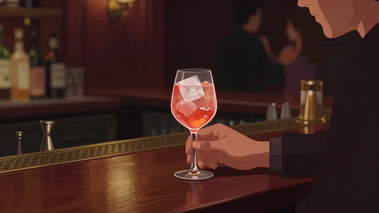 Bartender crafting a Glazart Spritz at a wooden bar, warm ambient light, blurred dancers in the background, no text or labels.