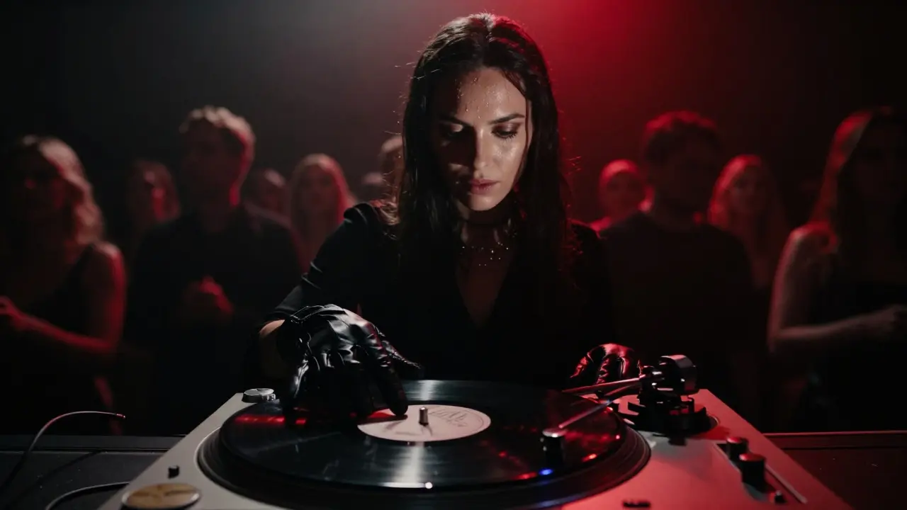Charlotte de Witte behind the decks at Glazart, backlit by red strobe, focused and intense in shadowy club environment.