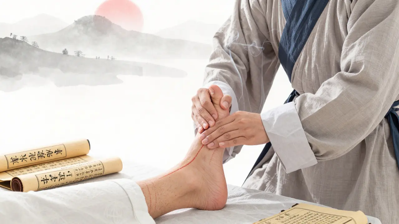 Chinese healer applying pressure to a patient&#039;s foot, with ancient medical scrolls and incense in the background.