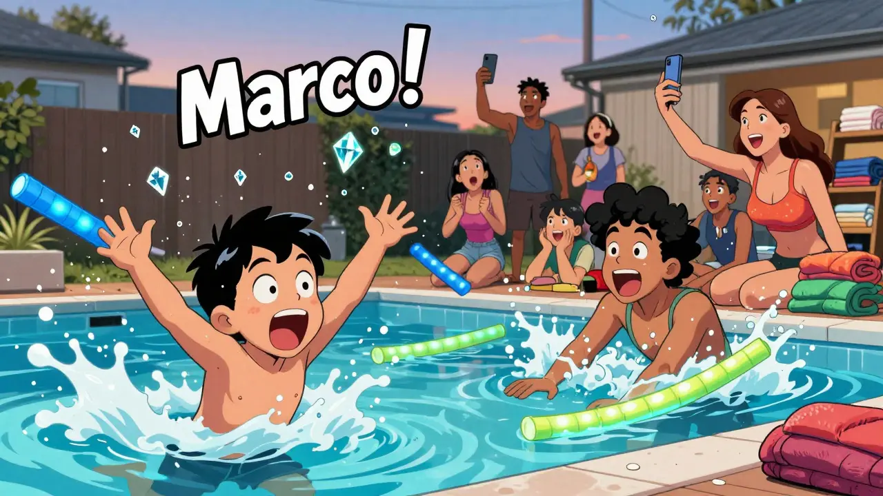 Comic-style pool game of Marco Polo with kids and adults splashing, neon LED lights, water droplets frozen in mid-air.
