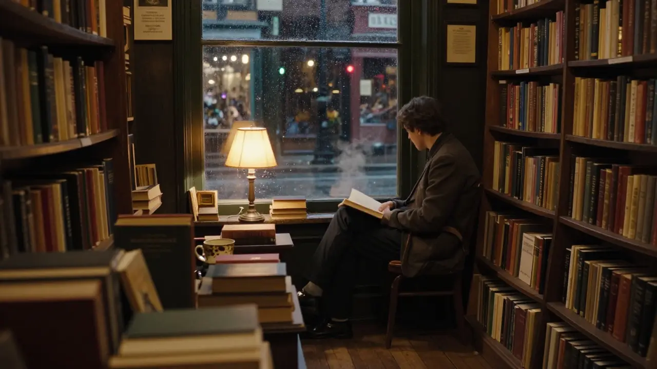 Cozy interior of Shakespeare and Company bookstore with a reader by the window.