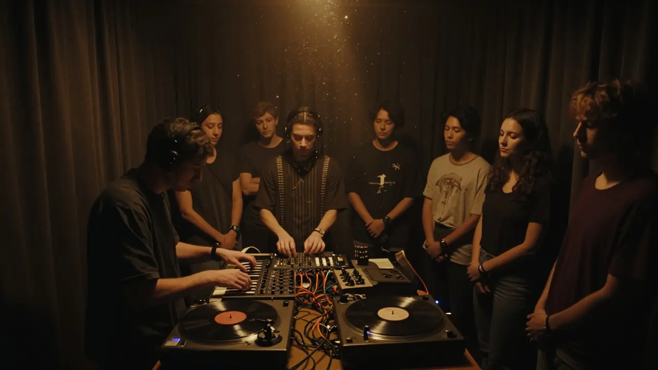 DJ manipulating modular synths in Glazart&#039;s hidden backroom, surrounded by listeners lost in experimental sound.