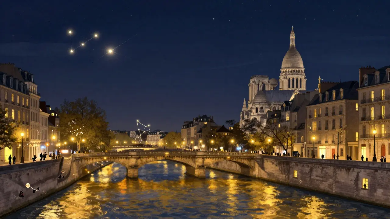Dreamlike vision of Paris at night with glowing bridges, street musicians, and scent trails of bread and chestnuts.