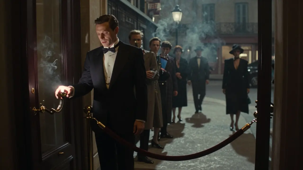 Elegant crowd waiting in line outside Le Baron at night, dim streetlights and smoke-filled air.