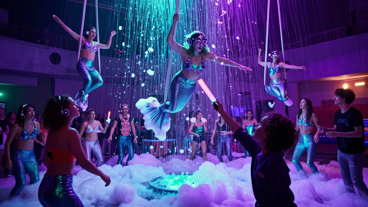 Glitter-covered performers in mermaid costumes dancing on aerial silks above a vibrant rave crowd.