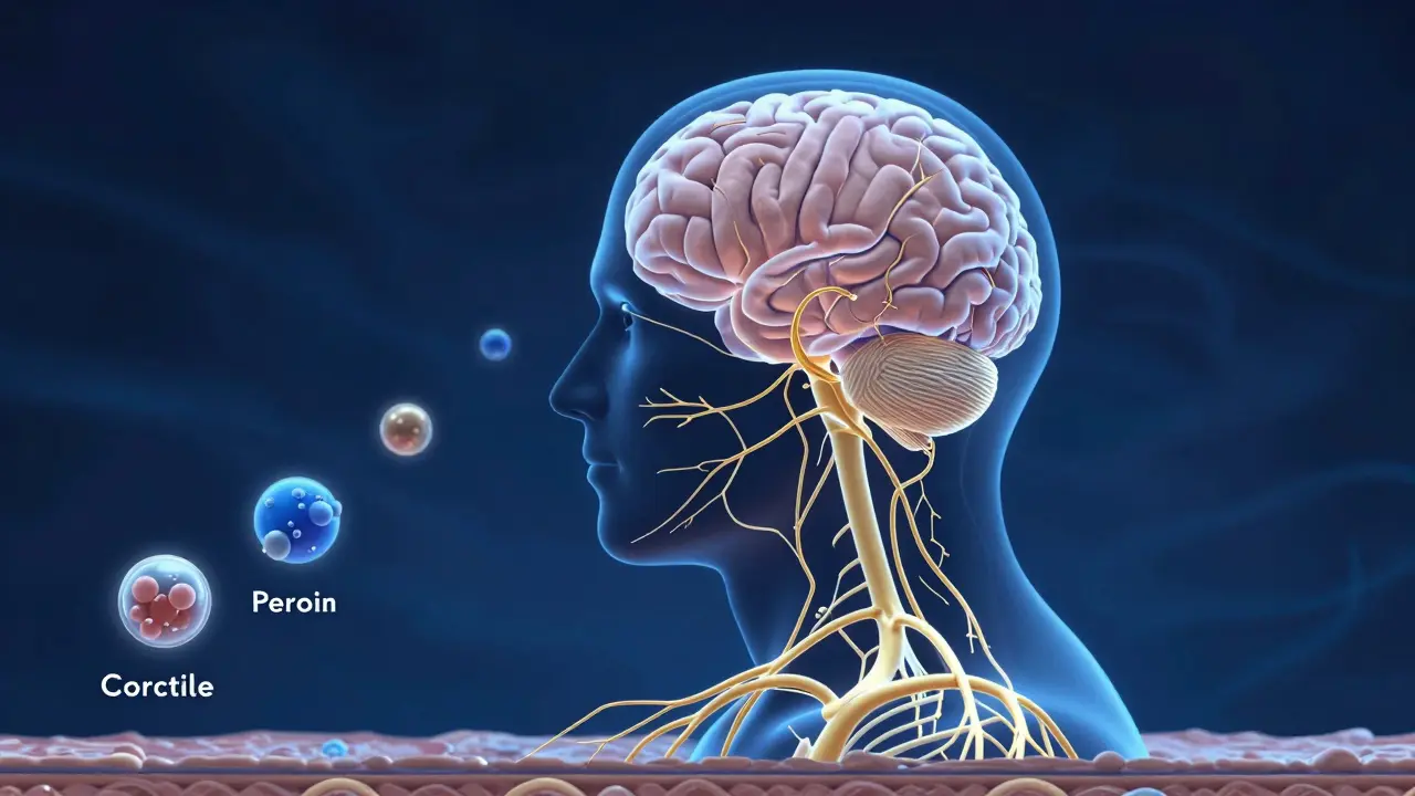 Glowing neural pathways connecting skin touch to brain regions associated with calm and emotion.