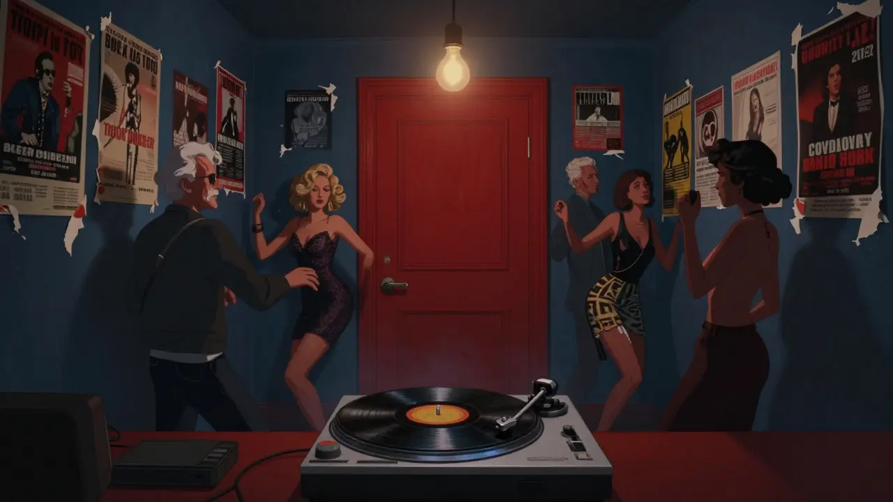Hidden basement club behind a red door with vinyl records, smoke, and people dancing under a single bulb.