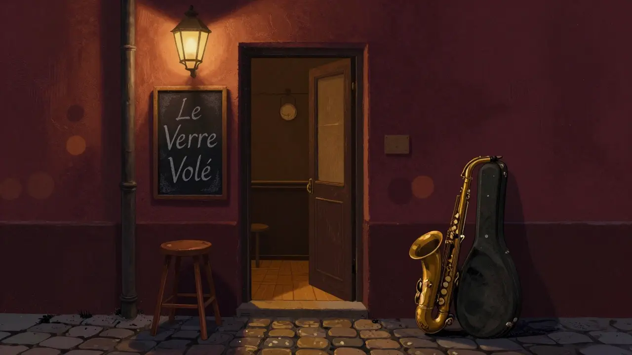 Hidden jazz club entrance in Le Marais with chalkboard sign and warm glowing doorway.