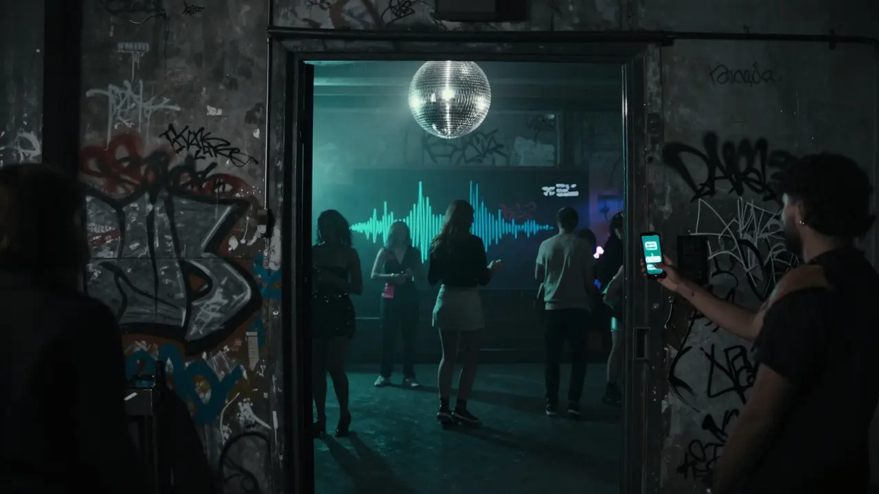 Hidden warehouse party with disco light reflections and a smartphone showing a secret event message.