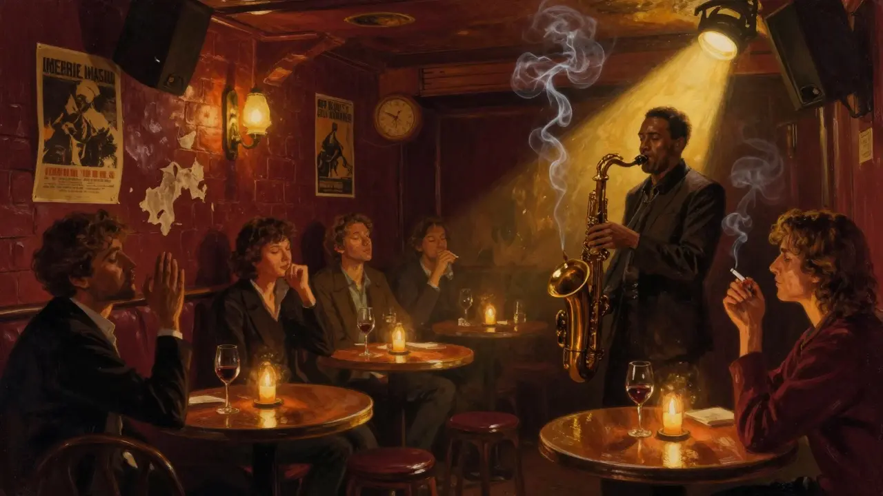 Intimate jazz club basement with a saxophonist lit by amber spotlight and patrons lost in music.