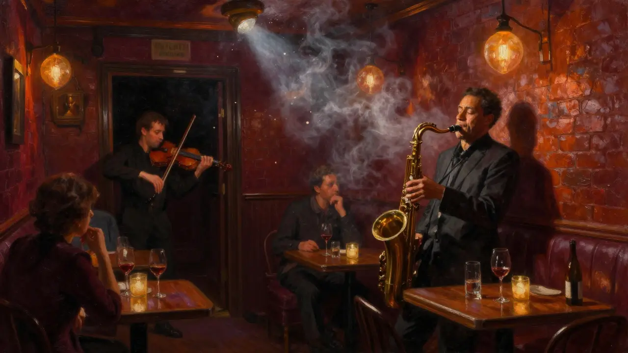 Intimate jazz club interior with a saxophonist playing, patrons sipping wine in warm, smoky light.