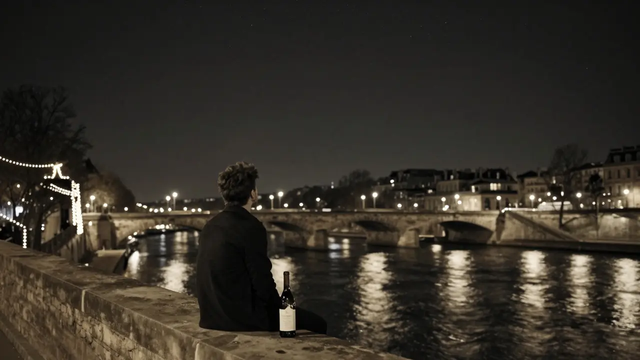Lone person sitting on Pont Neuf at night, gazing at stars above the river with soft city lights.