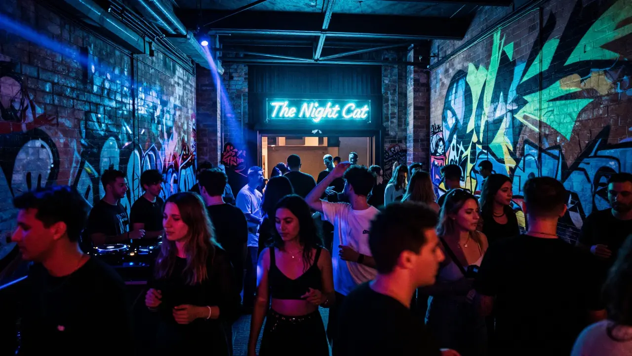Modern Sydney underground club with strobe lights and techno crowd
