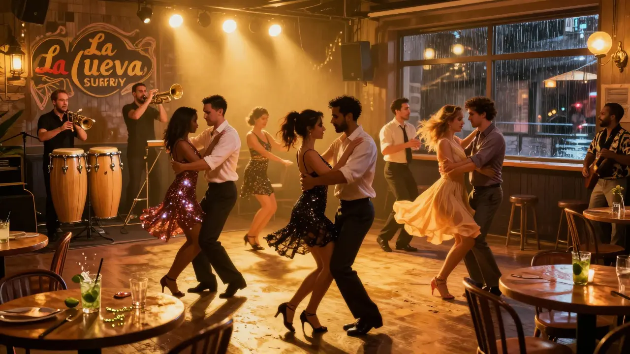 People dancing salsa in a lively, glitter-filled club with live musicians playing in the background.