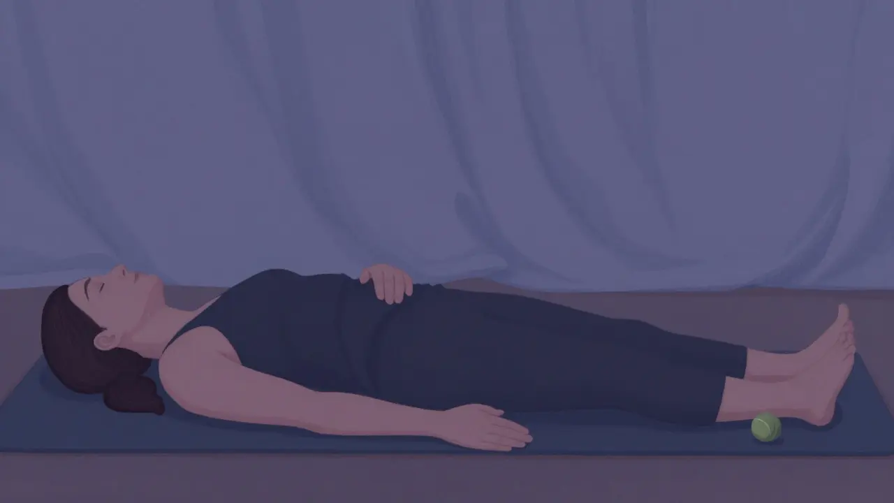 Person lying on back, stroking legs and arms upward in a calming full-body relaxation ritual.