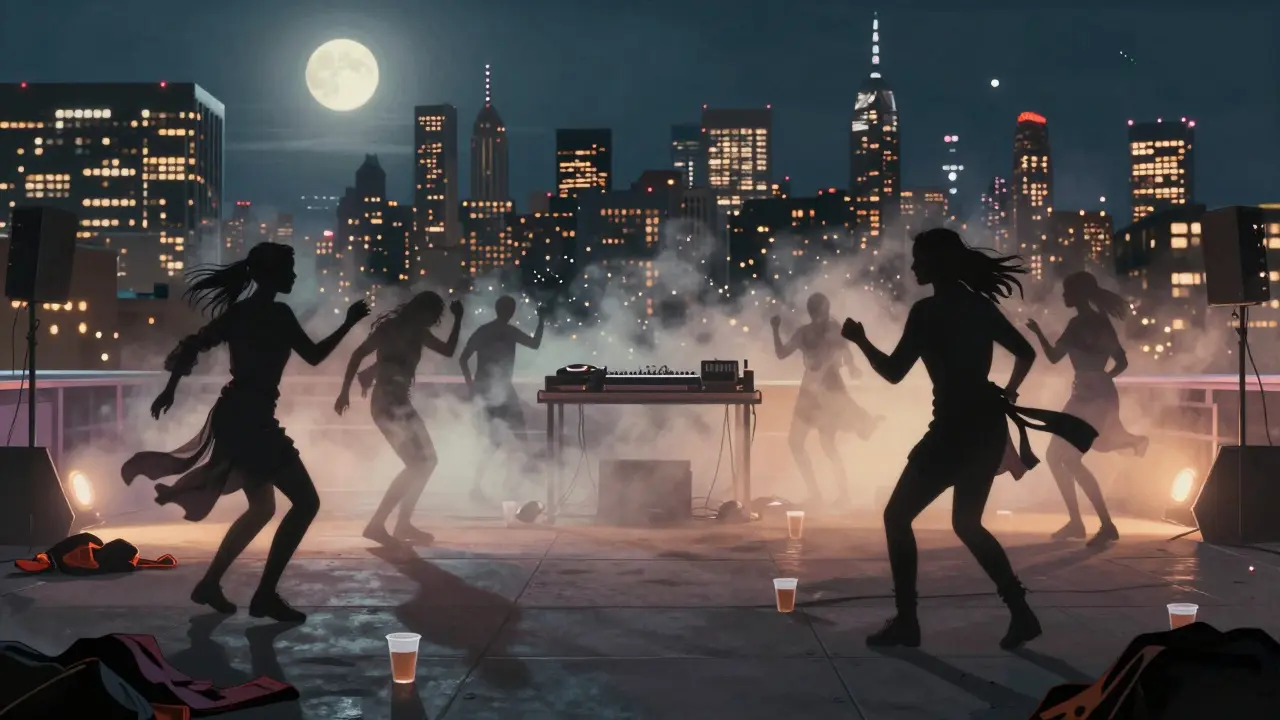 Rooftop dancers silhouetted against the Manhattan skyline under a starry night with a DJ playing synths.