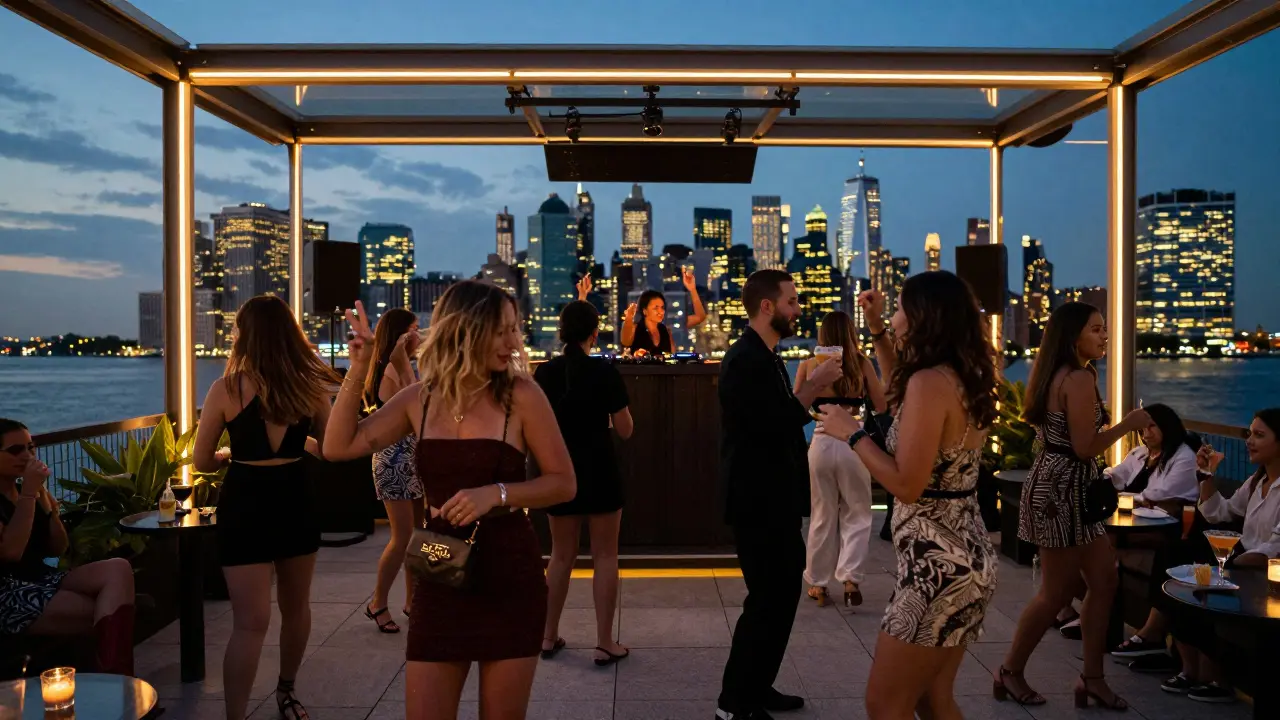 Rooftop nightclub with city skyline view, guests dancing in stylish attire under neon lights.