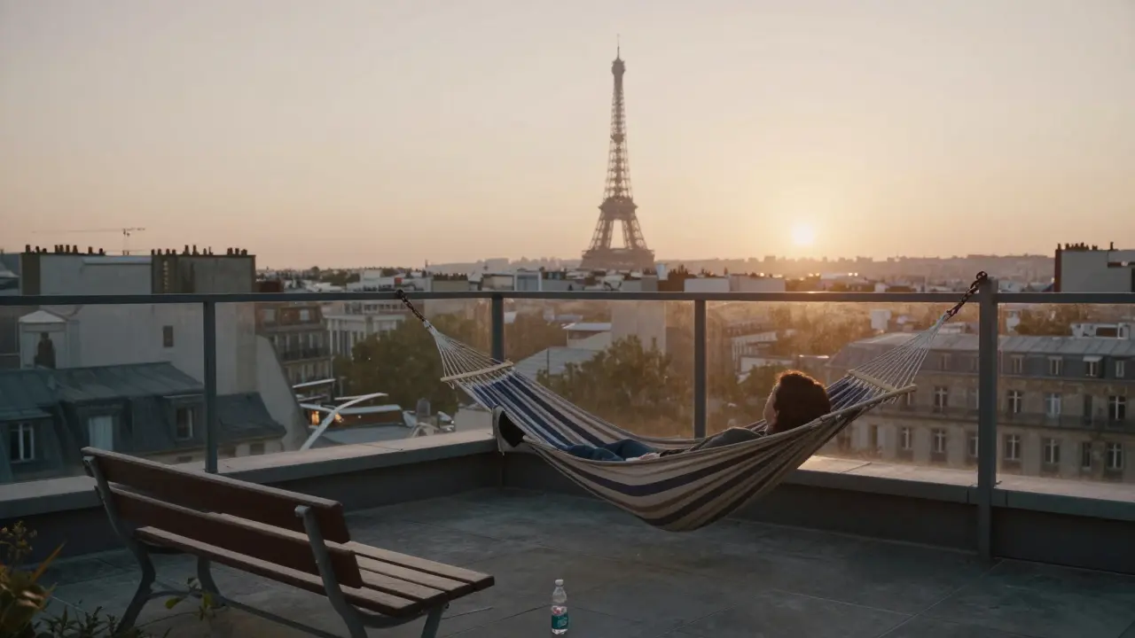 Silent rooftop at dawn with a hammock overlooking Paris skyline after a night at Glazart.