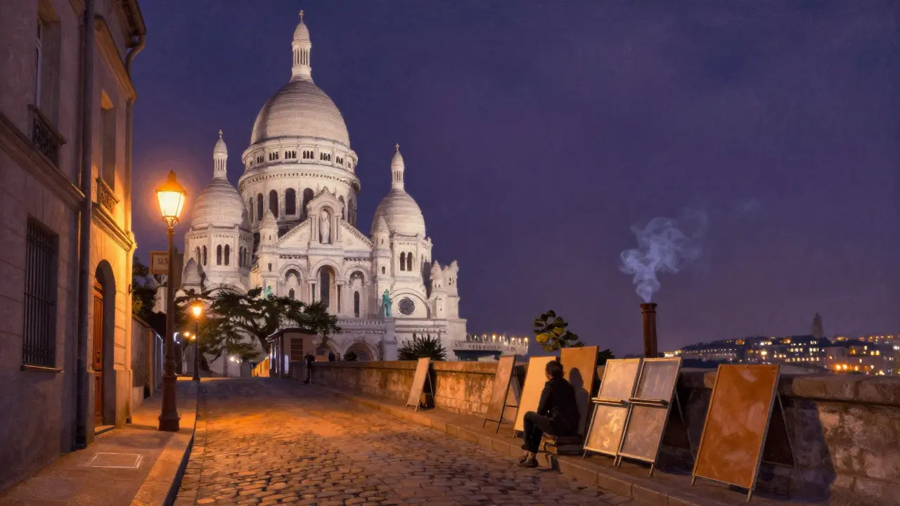 Silhouette of a person sitting on Sacré-Cœur steps overlooking Paris at night.