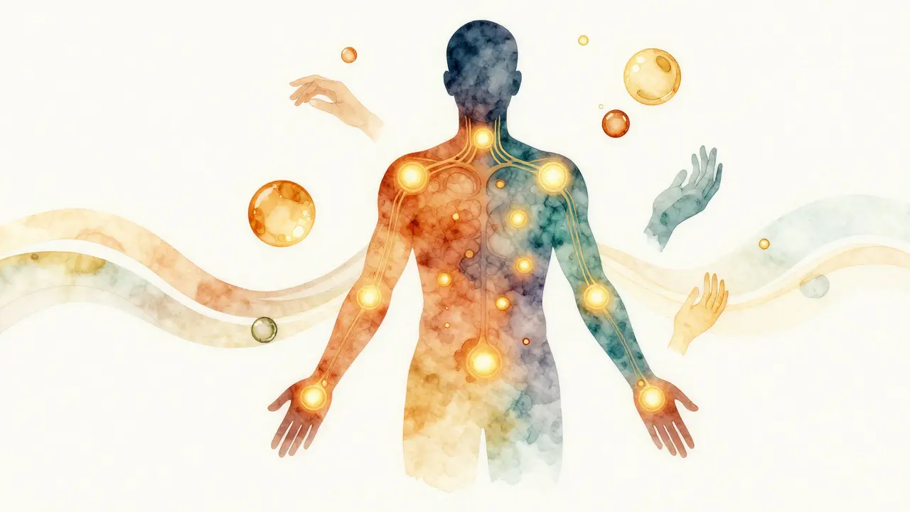 Silhouette with glowing pressure points radiating warmth, symbolizing stress relief through touch.