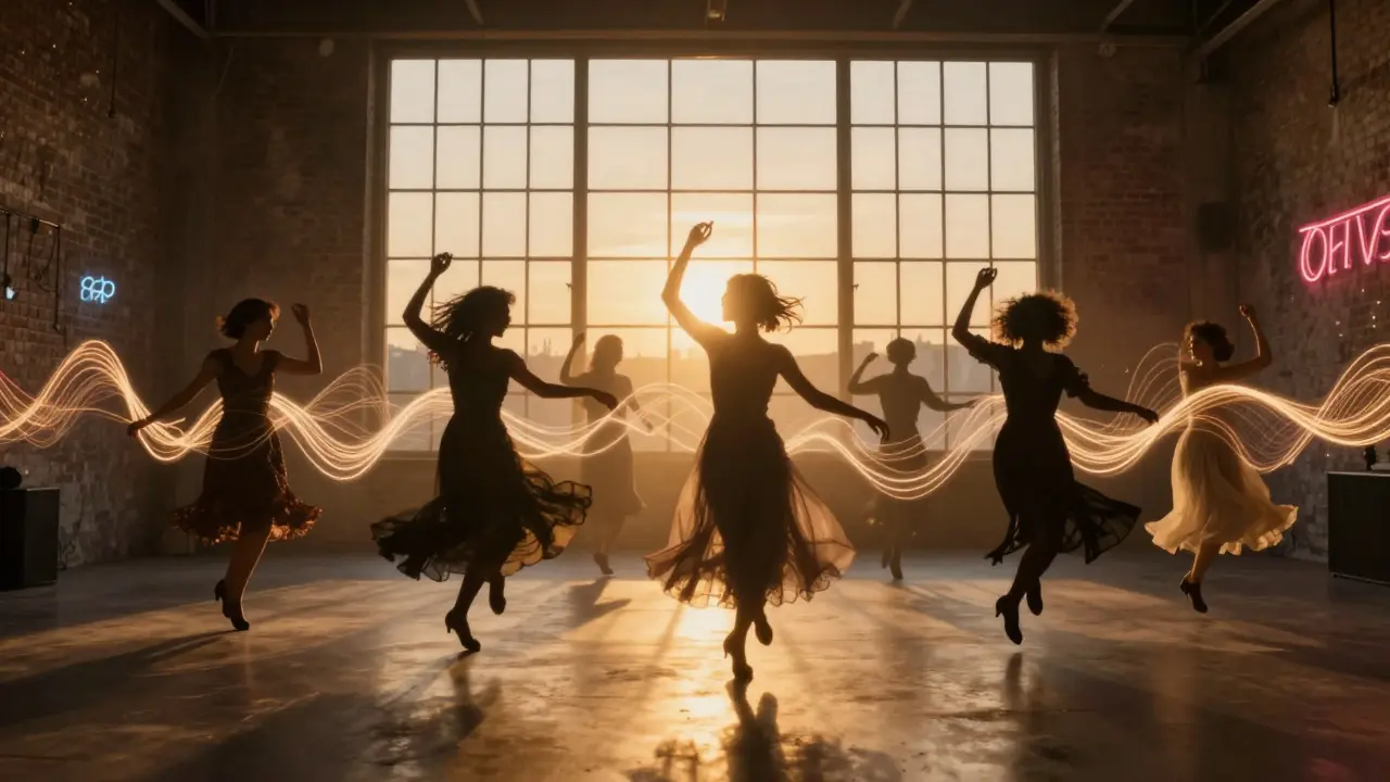 Silhouettes of dancers trailing light as sunrise breaks over a warehouse window, sound waves merging with golden dawn.