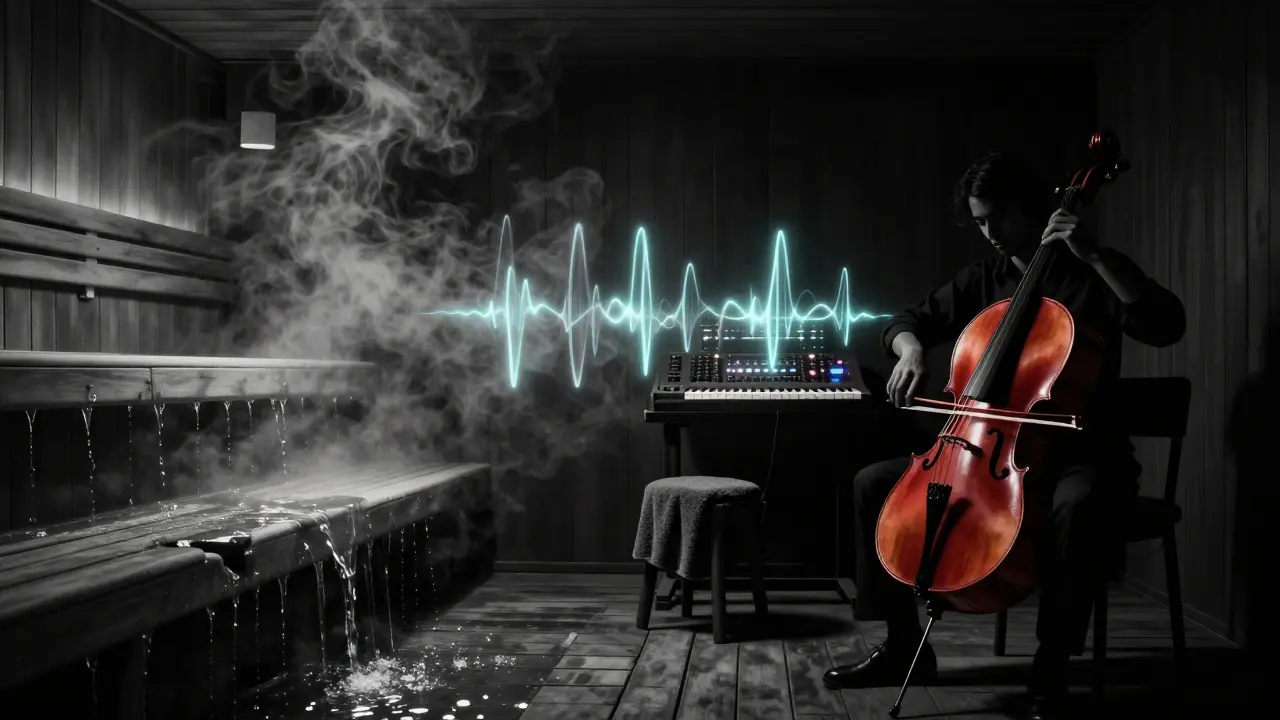 Split image: steam bath on one side, a celloist in shadow on the other, connected by sound waves.