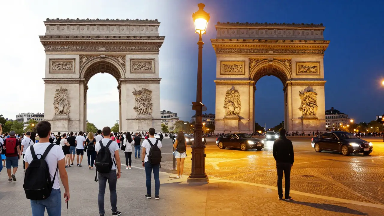Split scene showing daytime tourist crowds transitioning into a serene, lit nighttime Paris avenue.