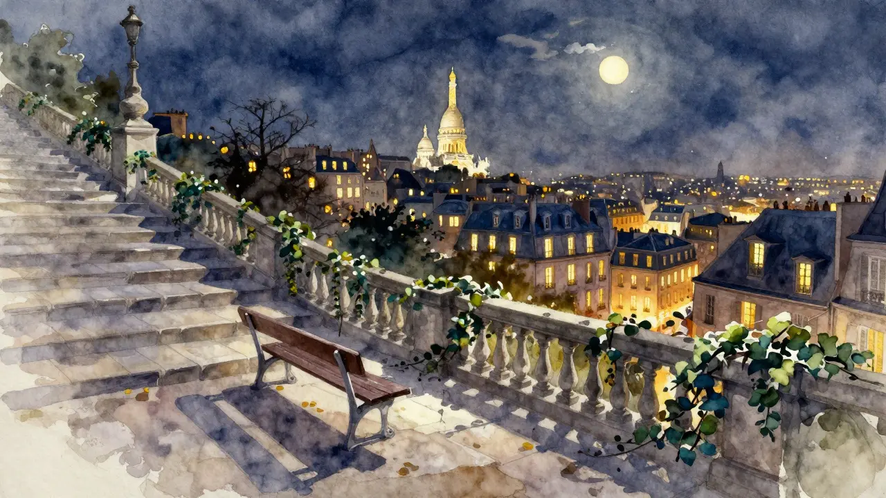 Steep ivy-covered staircase in Montmartre leading to a panoramic view of lit Paris at night.