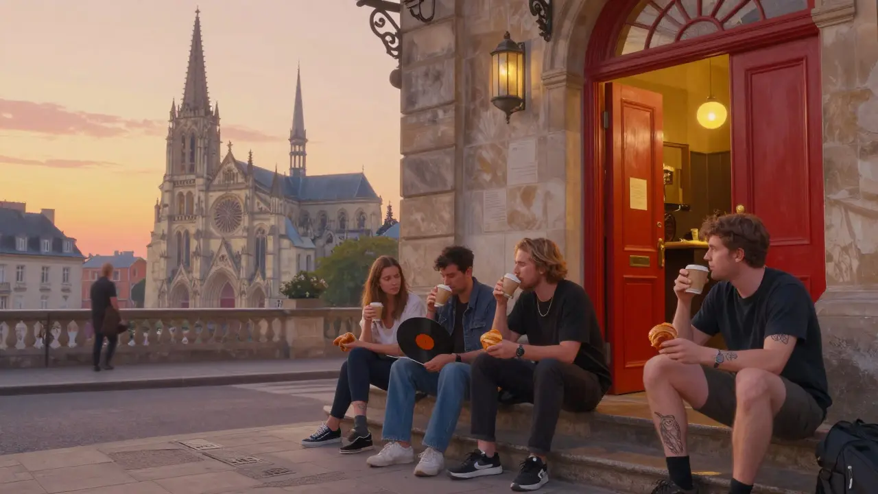 Sunrise over cathedral as partiers sit on steps drinking coffee after a night out.