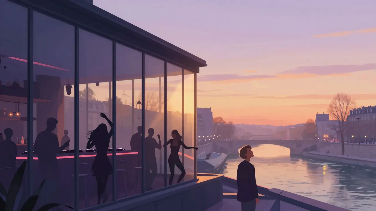 Sunrise over the Seine as people dance on The Garden rooftop, glass walls reflecting golden light.