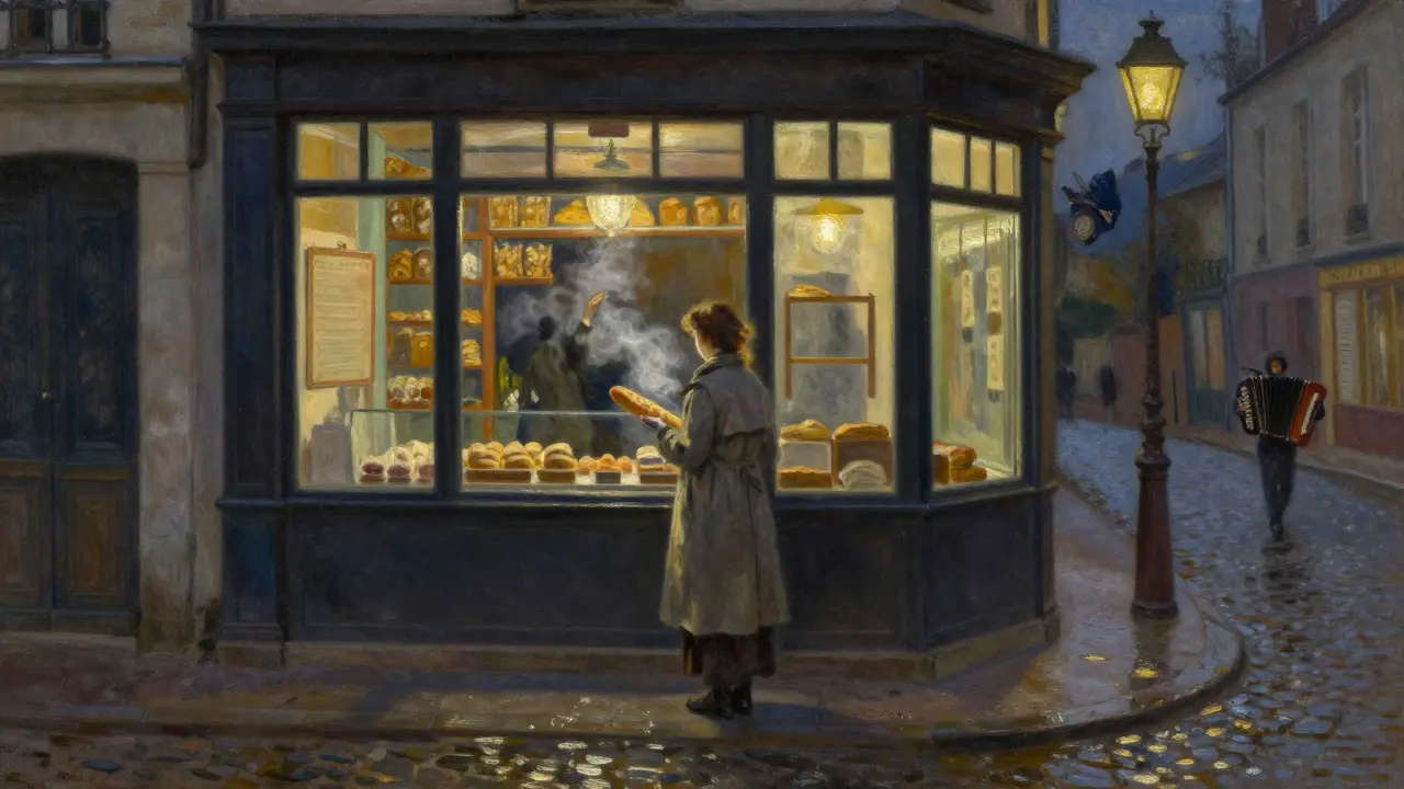 Woman buying baguette from open bakery in Le Marais at night, warm lights glowing on cobblestones.