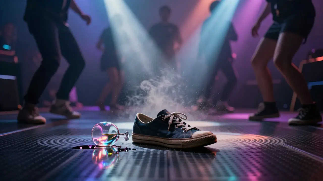 Worn sneakers on a vibrating dance floor, surrounded by blurred dancers and colored light beams.