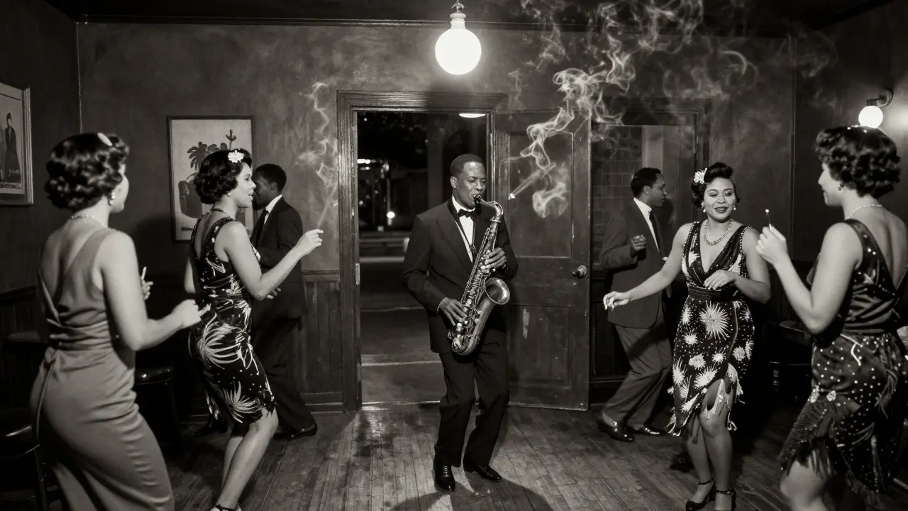 1920s Harlem jazz club with musicians and dancers in vintage attire under a single bulb.