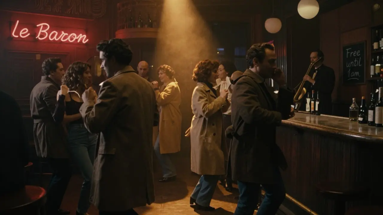 A cozy, dimly lit Parisian nightclub interior with locals dancing freely to live soul music in relaxed attire.